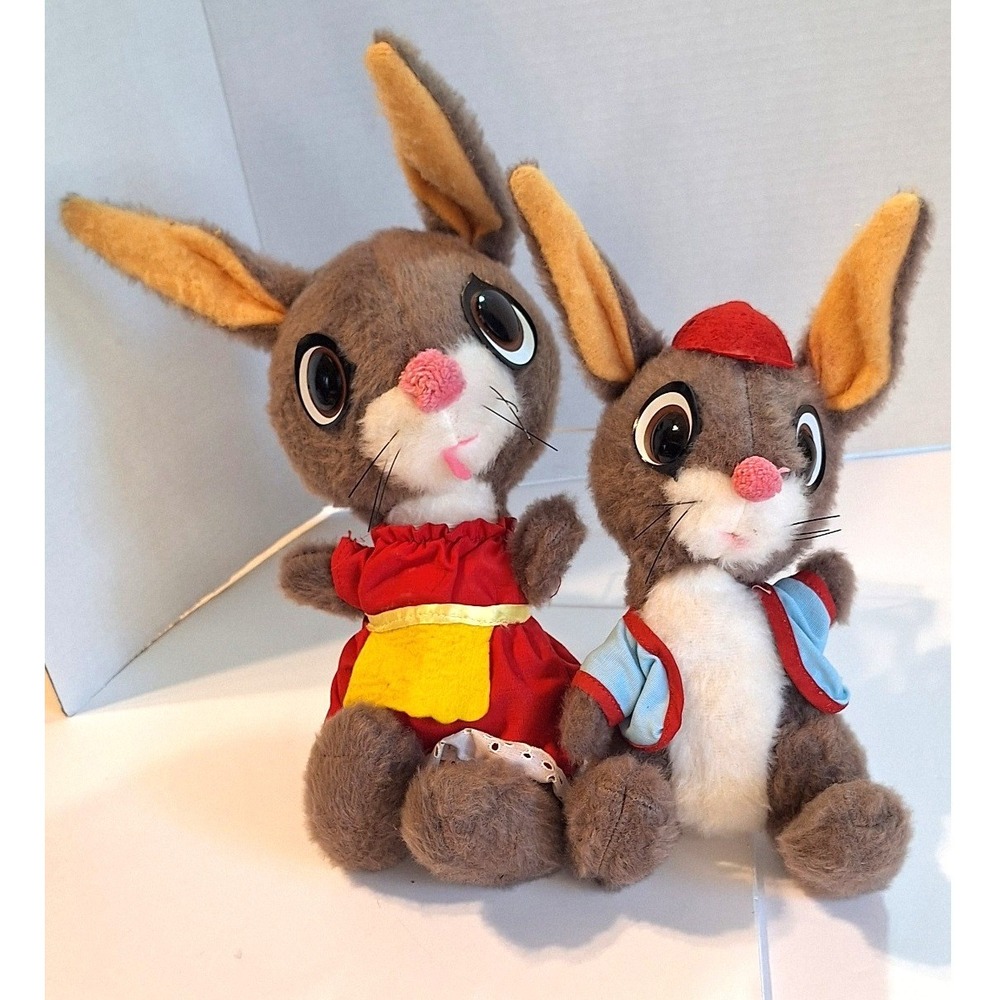 Vtg Animal Fair Inc Plush Bunny Rabbit Pair Red Dress Vest 1970s Chanhassen MN
